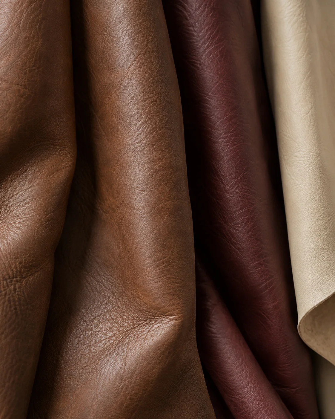Illustrative close study of tobacco, burgundy and ivory leather folds