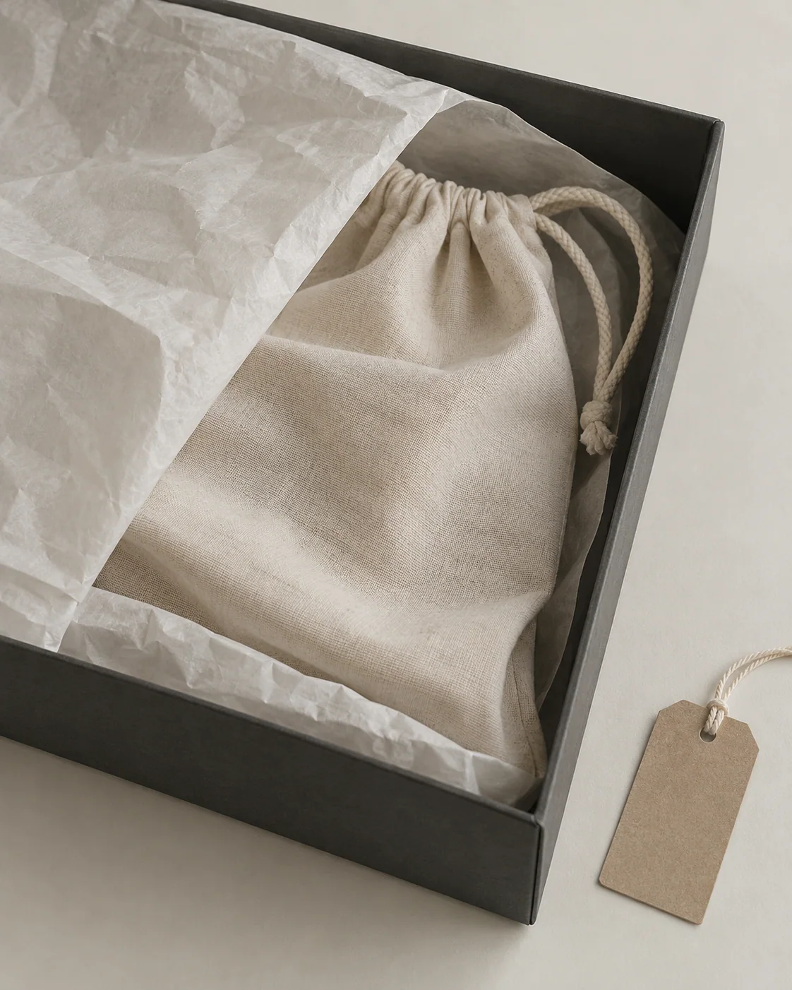 Illustrative overhead study of cotton dust bag, tissue and protective box