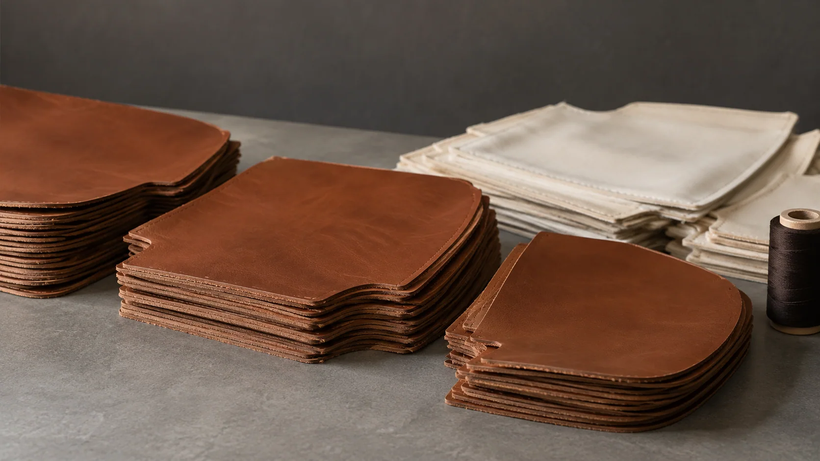 Illustrative study of cut leather panels and matching lining prepared for production