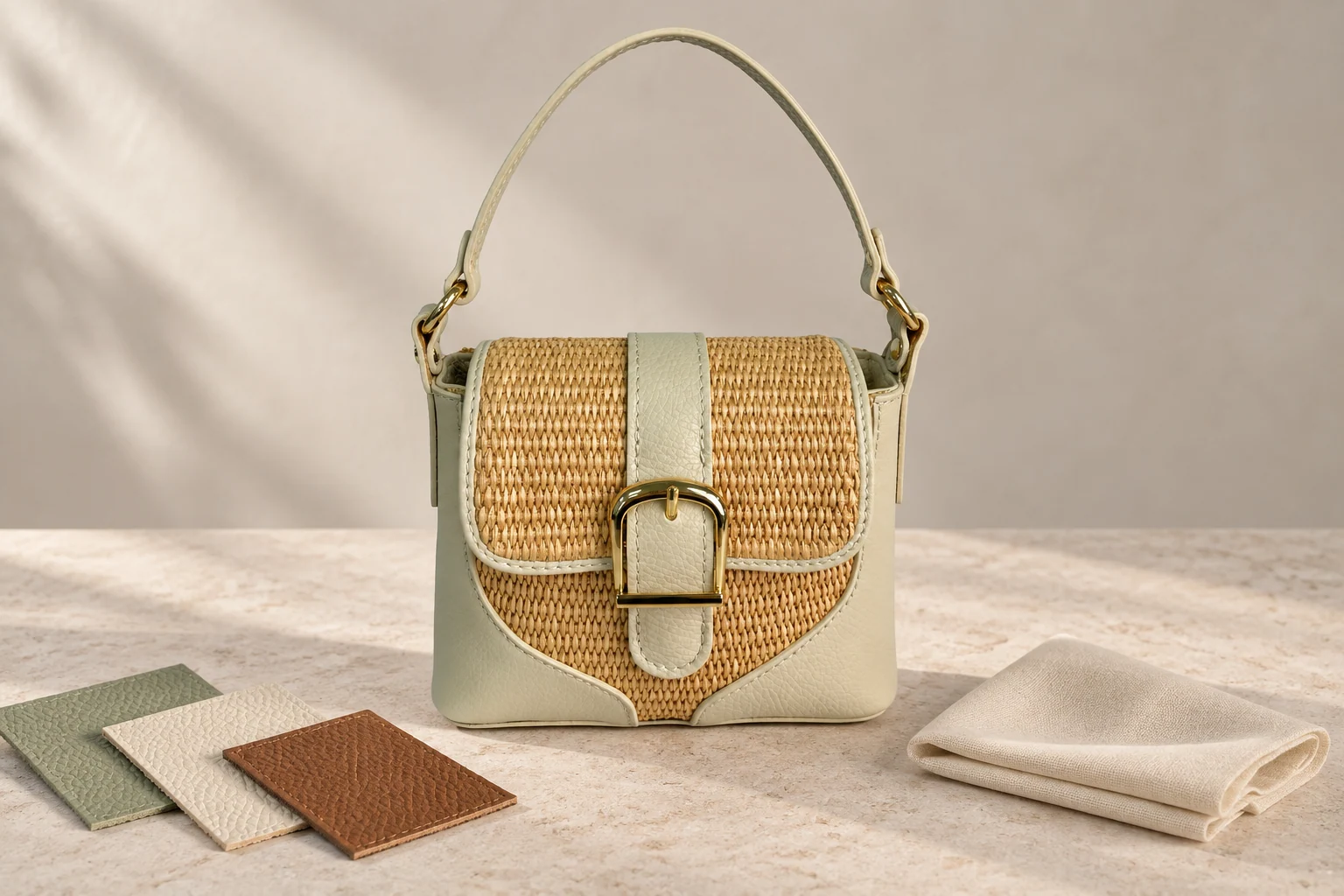Versilia bag with materials in an editorial composition, based on the original product photograph